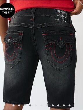 True Religion Men's Black Jean Shorts with Red Topstitch